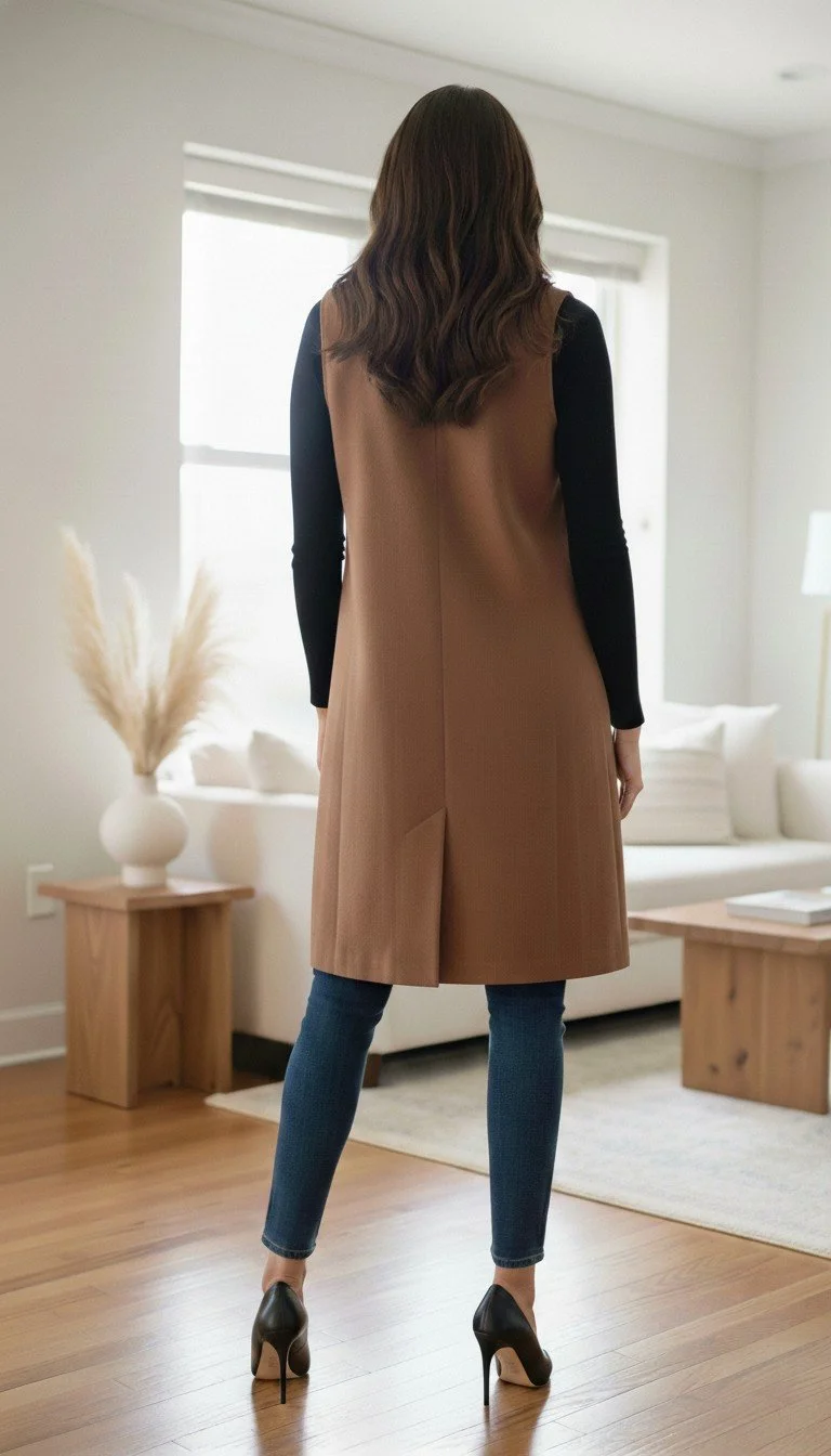 Olivia Preckel - Stylish Brown Longline Vest with Faux Fur Accents Size S - Image 2