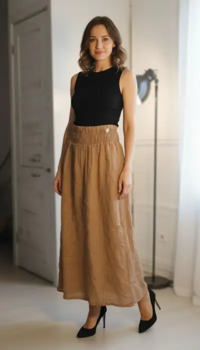 Mora - Elegant High-Waisted Linen Blend Skirt Size S