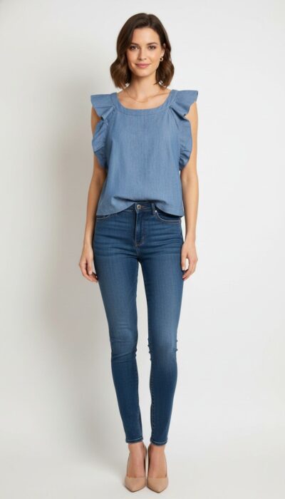 Club Monaco - Elegant Ruffle Sleeve Denim Top Size S/P