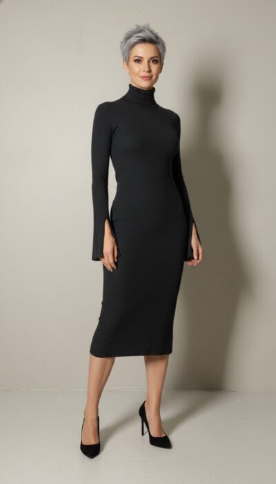 Enza Costa - Sophisticated Black Turtleneck Midi Dress XS