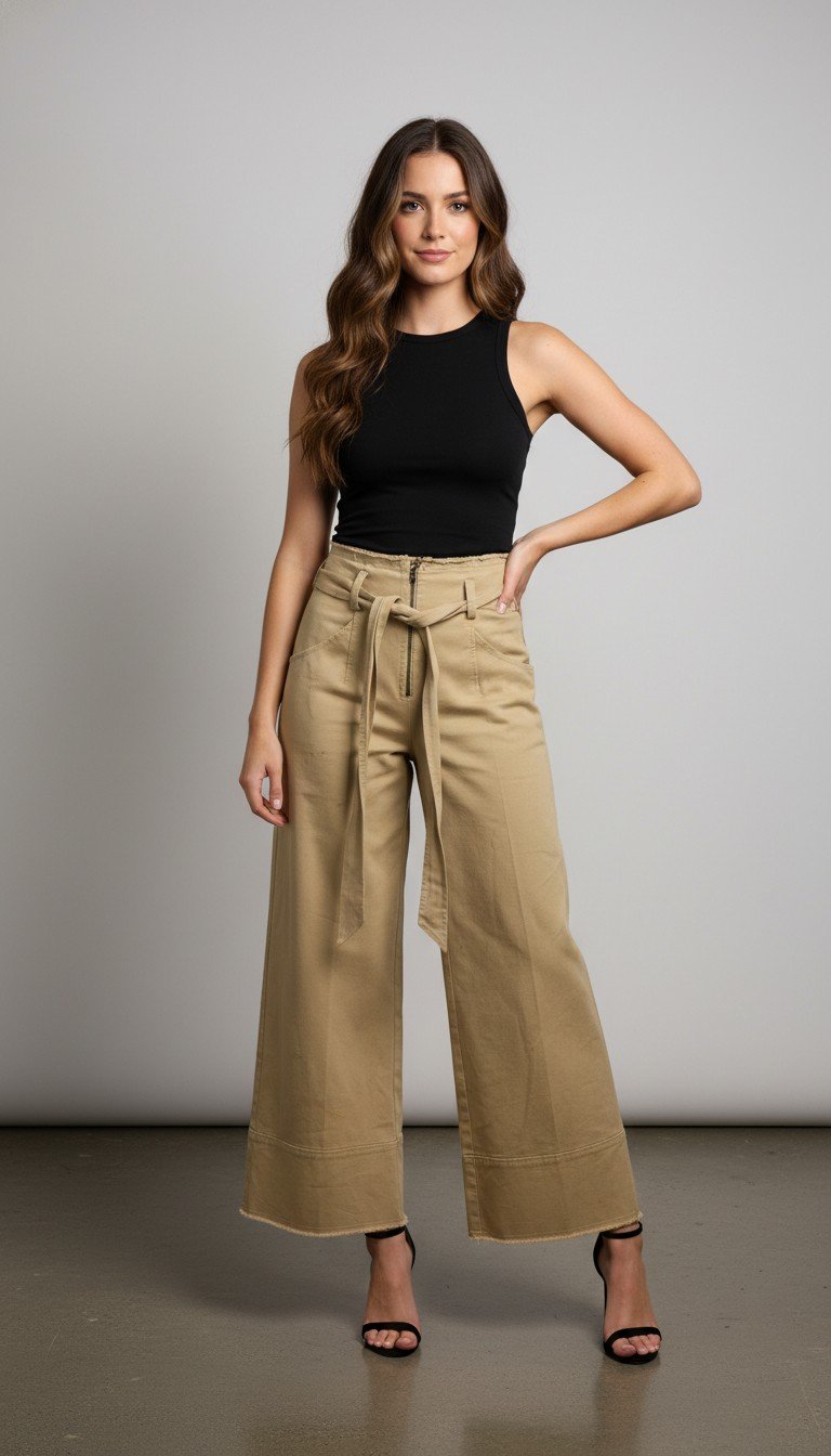 Intermix - Chic High-Waisted Wide-Leg Khaki Pants Size 2