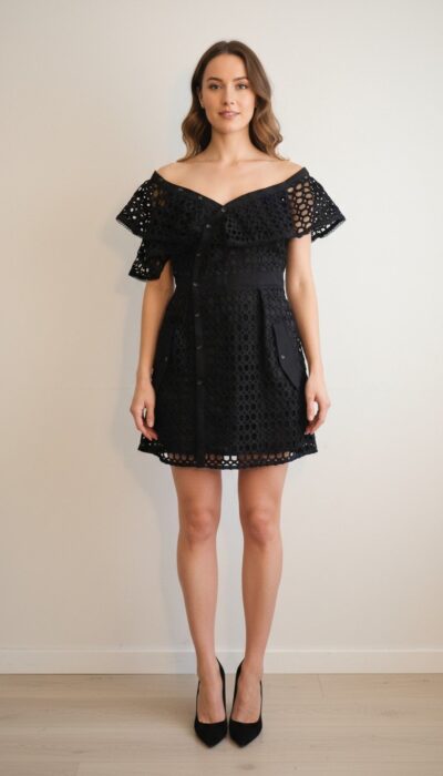 Haute Rogue - Elegant Off-Shoulder Black Lace Dress Size S