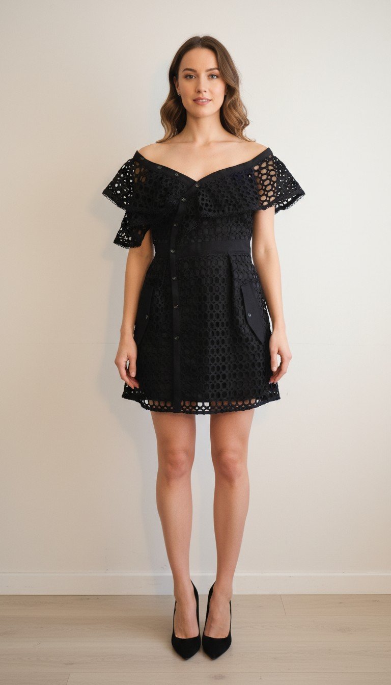 Haute Rogue - Elegant Off-Shoulder Black Lace Dress Size S