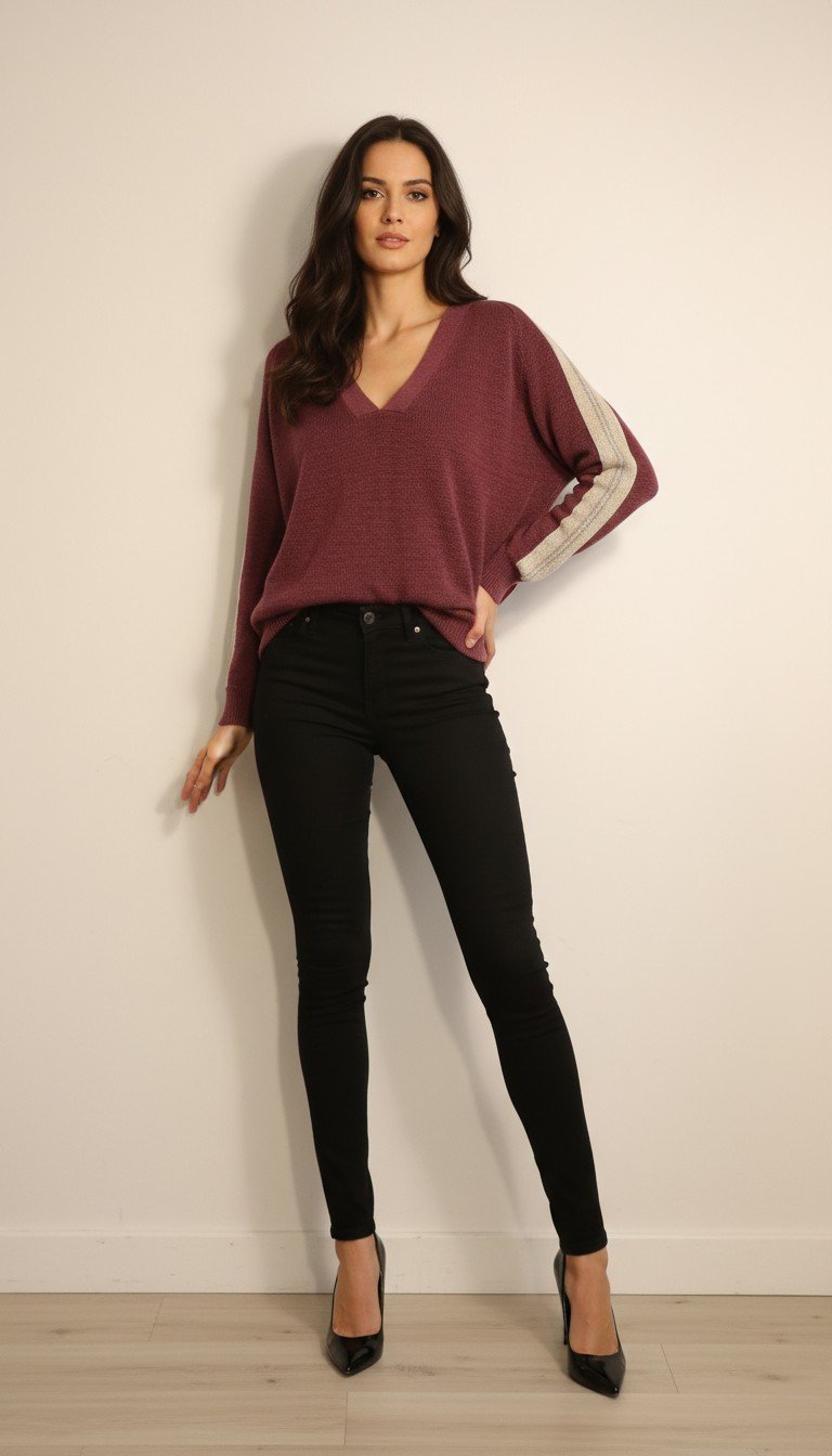 Bruno Cucinelli Chic Burgundy Knit Sweater with V-Neck and Striped Shoulders Size S