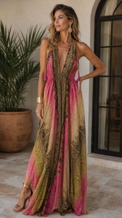 Olivia Preckel Pink‑and‑Green Paisley Halter Maxi Dress - Size S