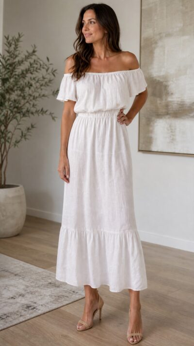 Italian‑Made Off‑Shoulder Linen Maxi Dress - Size S