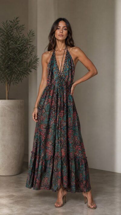 Olivia Preckel Teal‑and‑Coral Paisley Halter Maxi Dress -Size S