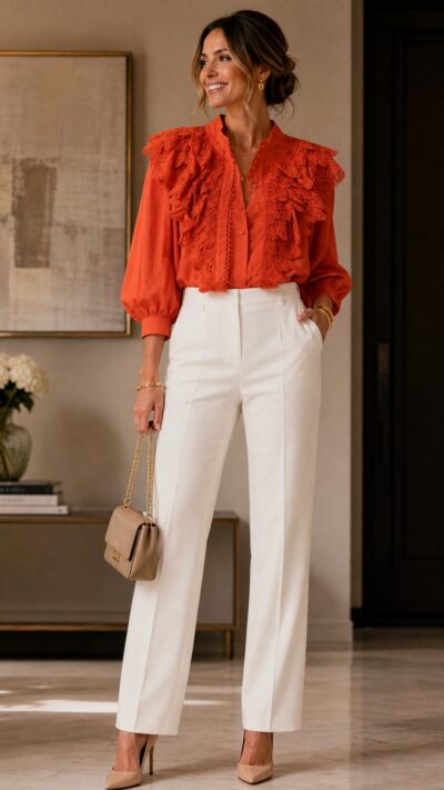 Olivia Preckel Coral Lace‑Ruffle Blouse - Size S