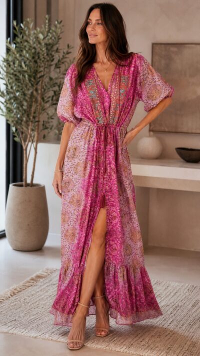 Olivia Preckel Pink Paisley Embroidered Maxi Dress - Size S