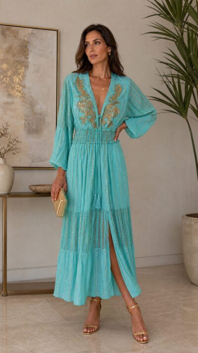 Olivia Preckel Turquoise Embroidered Maxi Dress - Size M