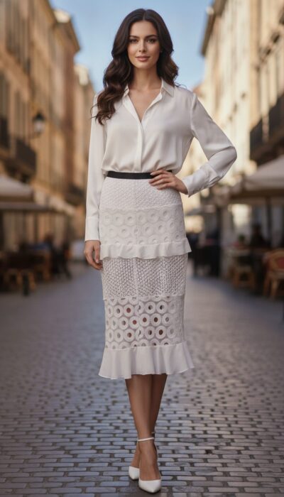 Azulu White Eyelet & Lace Midi Skirt Size XS