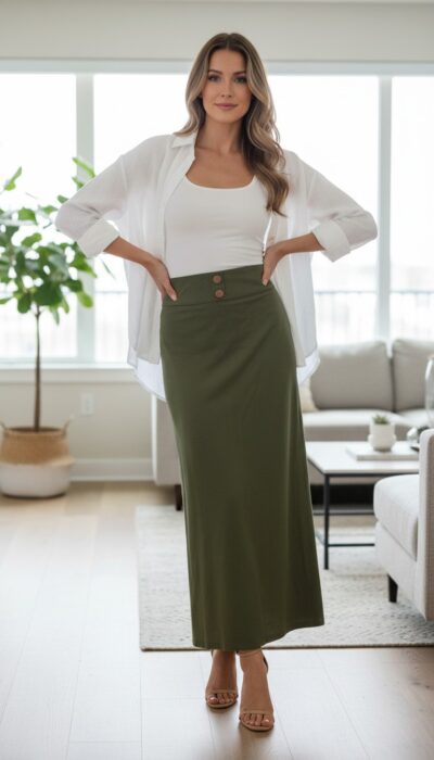 Adriana Degreas Olive‑Green High‑Waisted Maxi Skirt — Size 38
