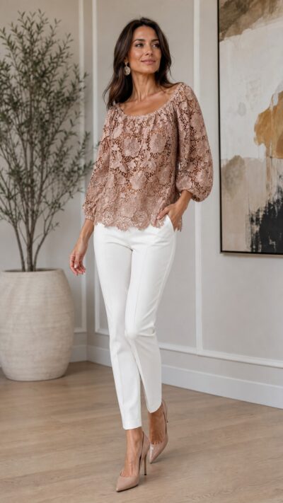 Olivia Preckel Nude Floral Lace Blouse - Size M