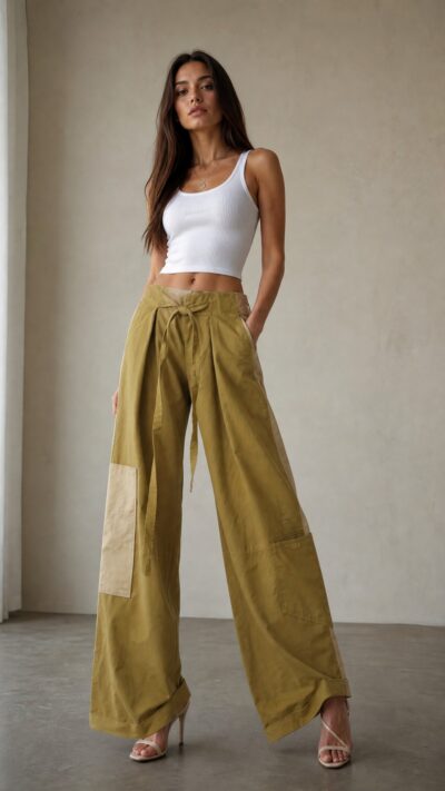 ZARA Two‑Tone Utility Wide‑Leg Pant - Size XS