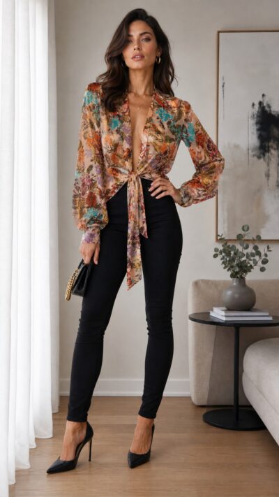 BO.BÔ bourgeois bohème — Floral Print Crinkle Silk Long-Sleeve Blouse with Gold Fringe Cuffs Size: 34 FR / US XS–S