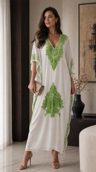 G.M. Shawls Pvt. Ltd. — White Sheer Kaftan with Lime Green Paisley Embroidery - Size One Size