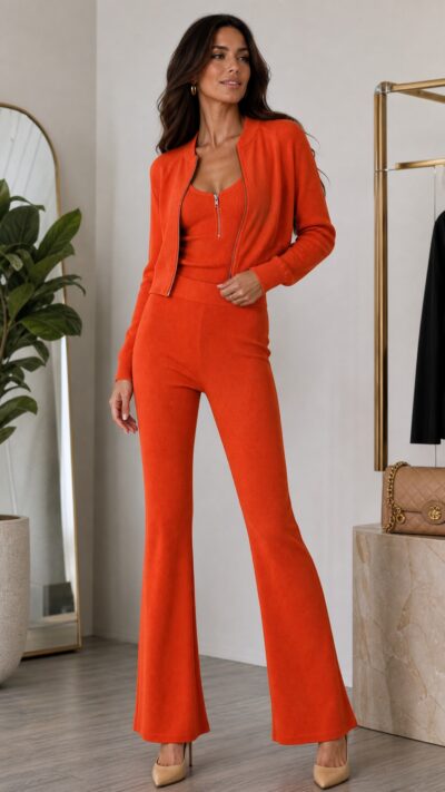 7 For All Mankind Orange Knit Three‑Piece Set – Size XS