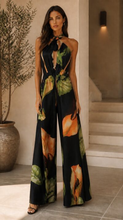 Adriana Degreas Tropical Halter Jumpsuit Black Floral - Size S/M